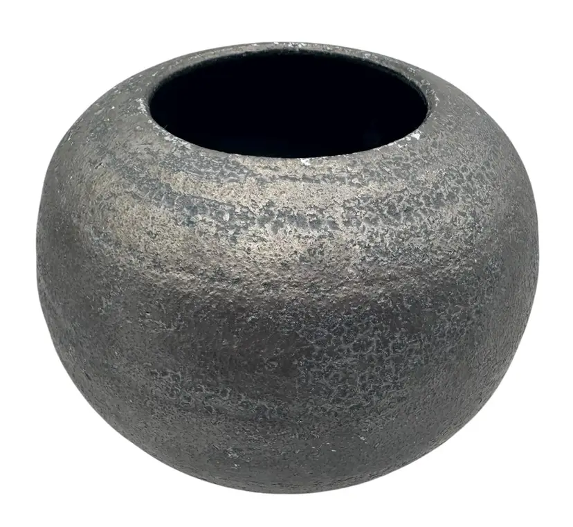 Signed Raku Studio Art Pottery Large Vase Round Black Gray Metallic Bulbous 6.5”