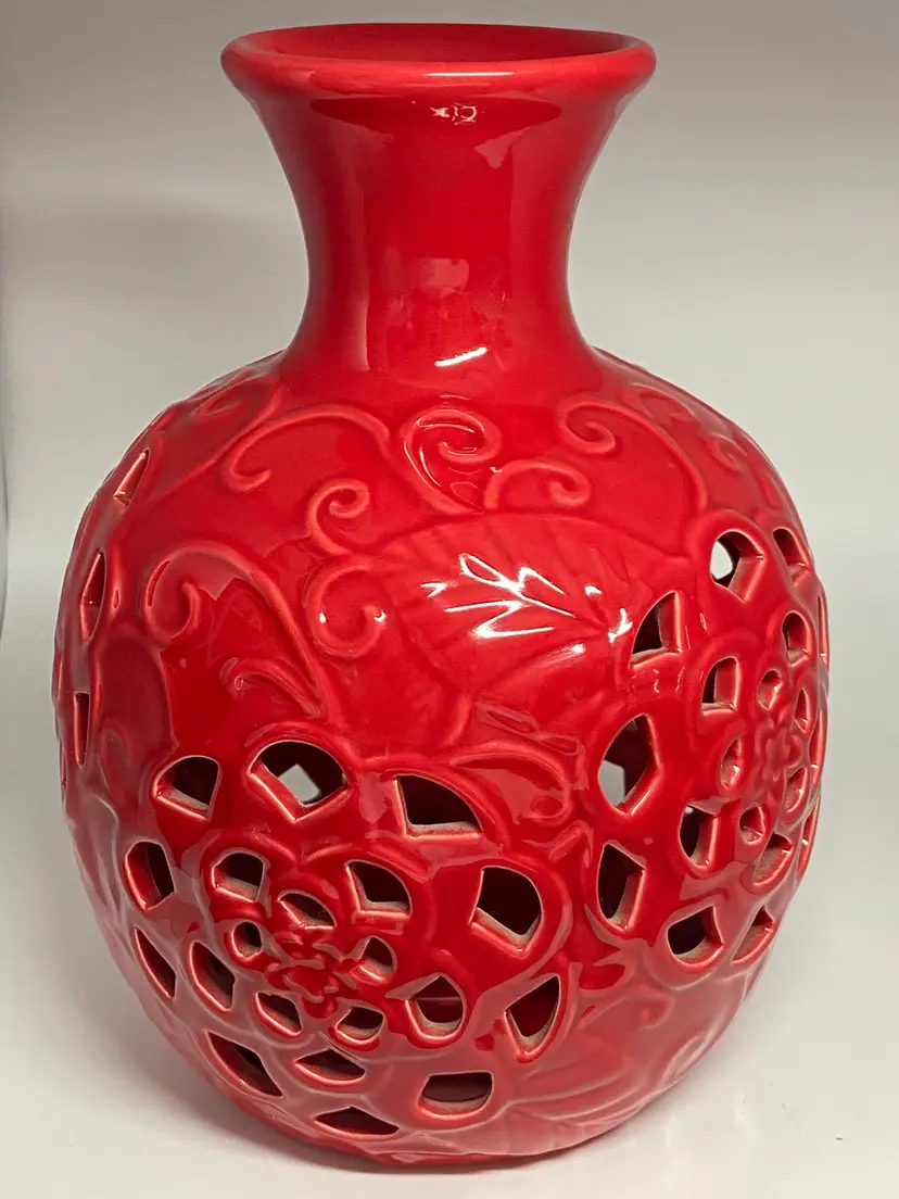 Red Ceramic Lantern with Cut Out Floral Design, 8.5" Tall