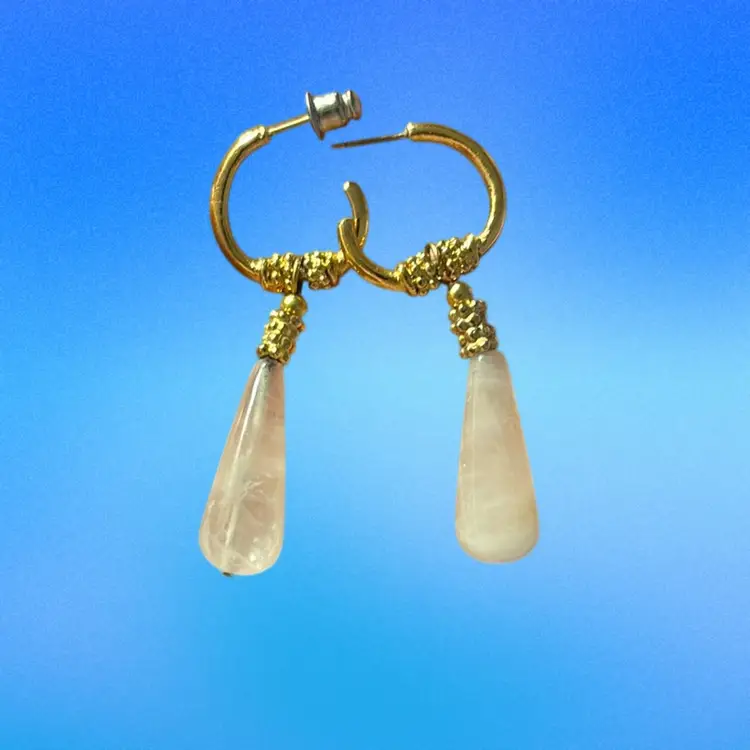 Gold Tone Quartz Drop Dangle Earrings.