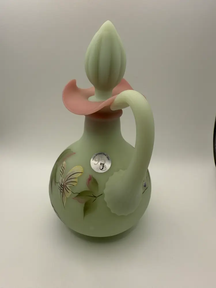 Fenton Art Glass Lotus Mist Burmese Cruet Hand-painted "Berry & Butterfly" design
