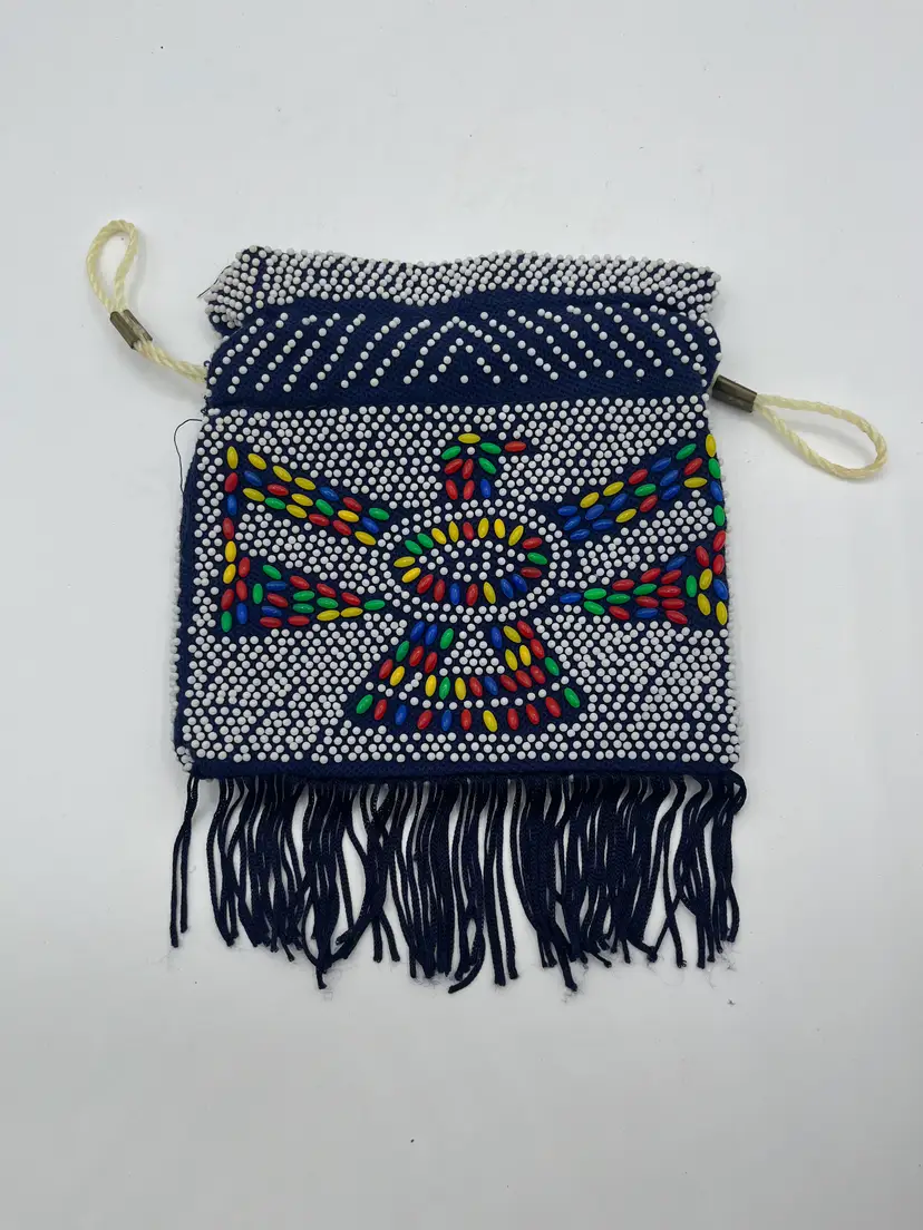 Estate Find - Vintage 70s Beaded Eagle Fringed Drawstring Coin Purse Bag