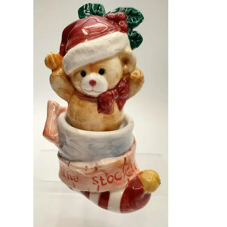 Vintage Papel Freelance Christmas Bear in Stocking Ceramic Salt & Pepper Shakers
