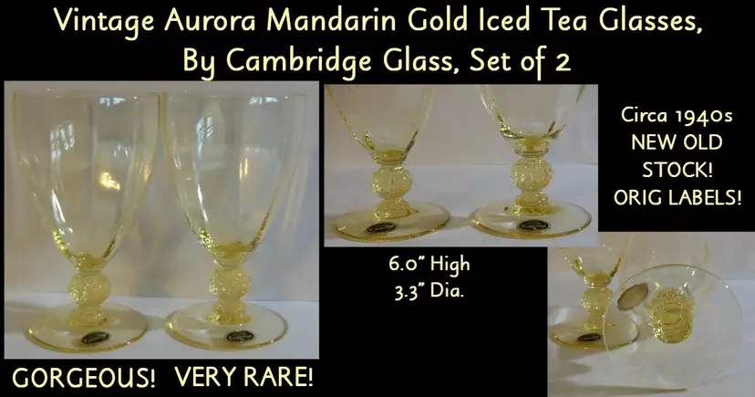 Vintage 1940s NEW OLD STOCK Cambridge Aurora Mandarin Iced Tea Glasses (2), RARE!