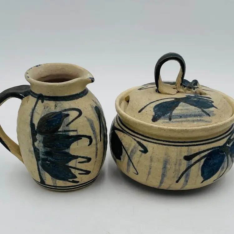 One of a Kind Signed Art Pottery Sugar & Creamer in Blues and Cream