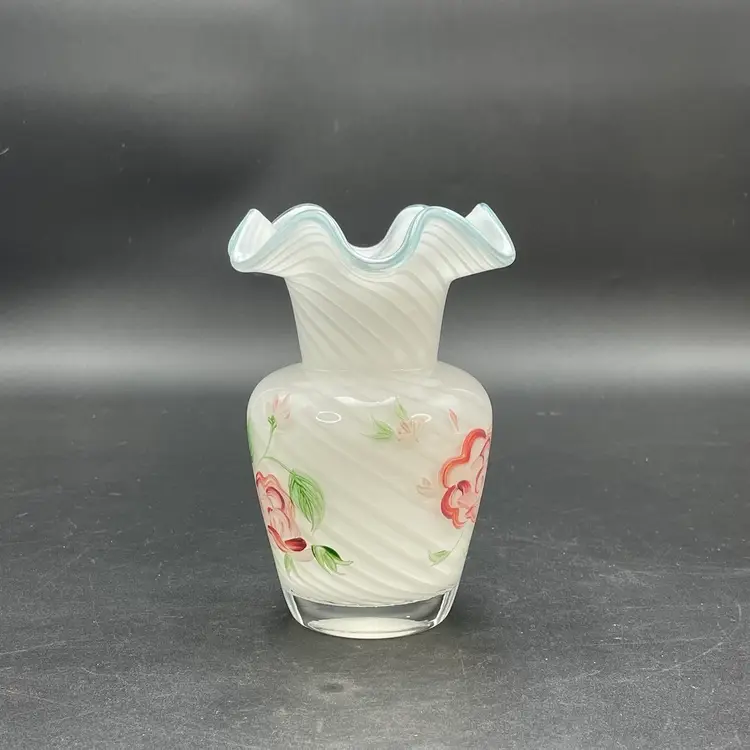 Fenton Designed Teleflora Swirl Glass Vase Ruffled Top Hand Painted Roses VTG
