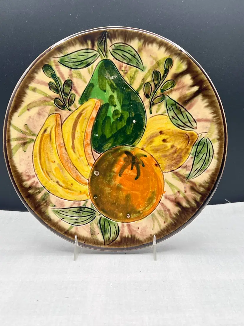 #986B Vintage Majolica Hand Painted Ceramic Red-ware Decorative Plate - Fruit Motif
Made In Spain