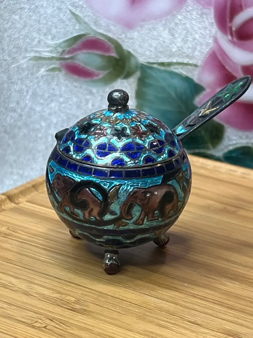 Antique Cloisonné Mughal salt cellar  in sterling silver and enamel  with elephants.