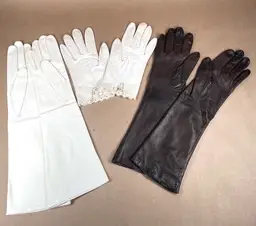 3 Pairs of Vintage Long Cream Brown French German Leather Opera Gloves + Mabel Danahy Box