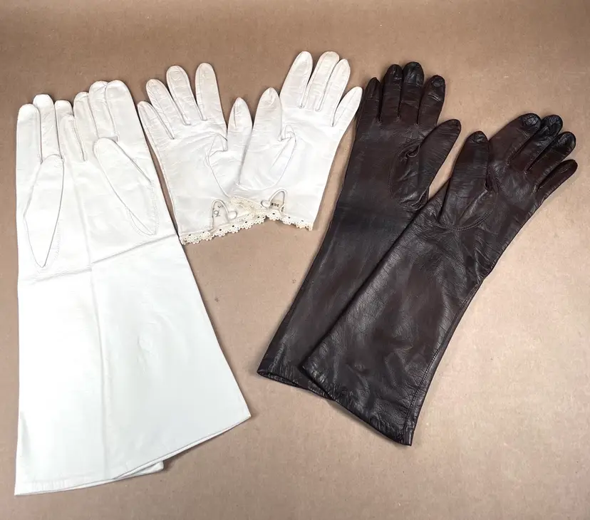3 Pairs of Vintage Long Cream Brown French German Leather Opera Gloves + Mabel Danahy Box