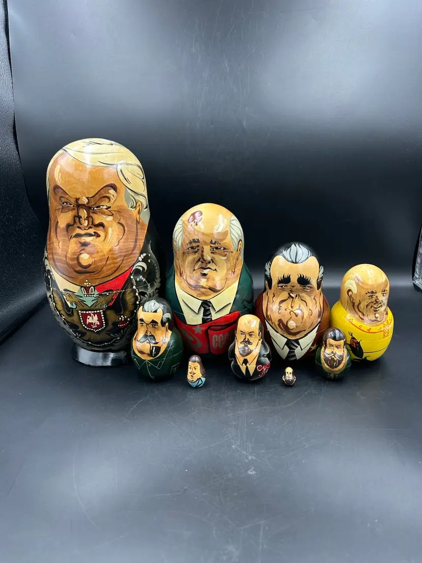 Vintage Matryoshka 9 Russian Soviet Leaders Wooden Nesting Dolls Hand Painted