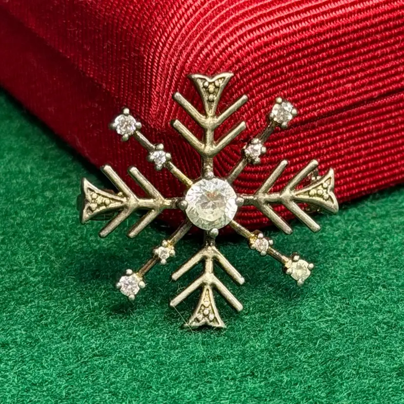 Sterling 925 Silver Snowflake Brooch Pin Clear Rhinestone