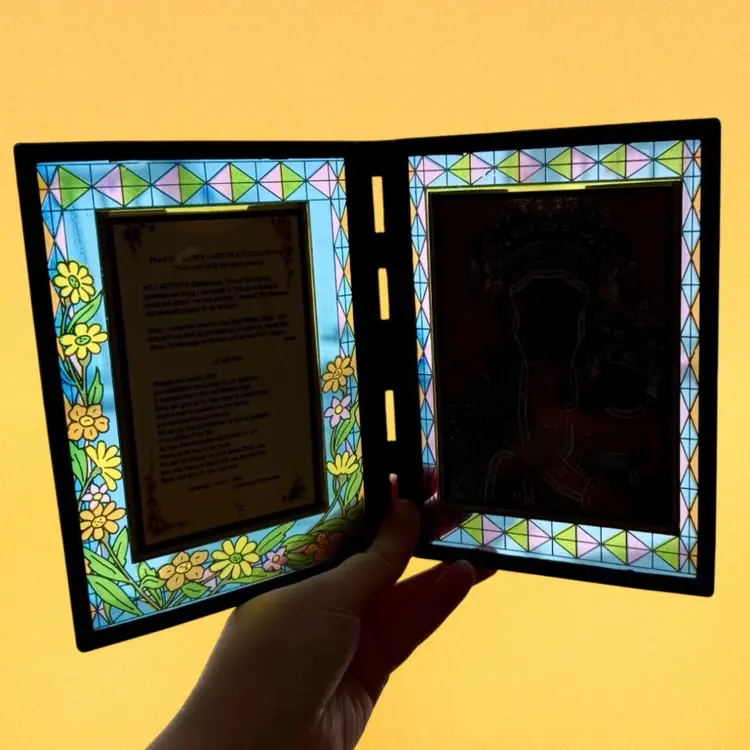 Vintage Stained Glass Folding Frame, Prayer To Our Lady Of Czestochow Inserts