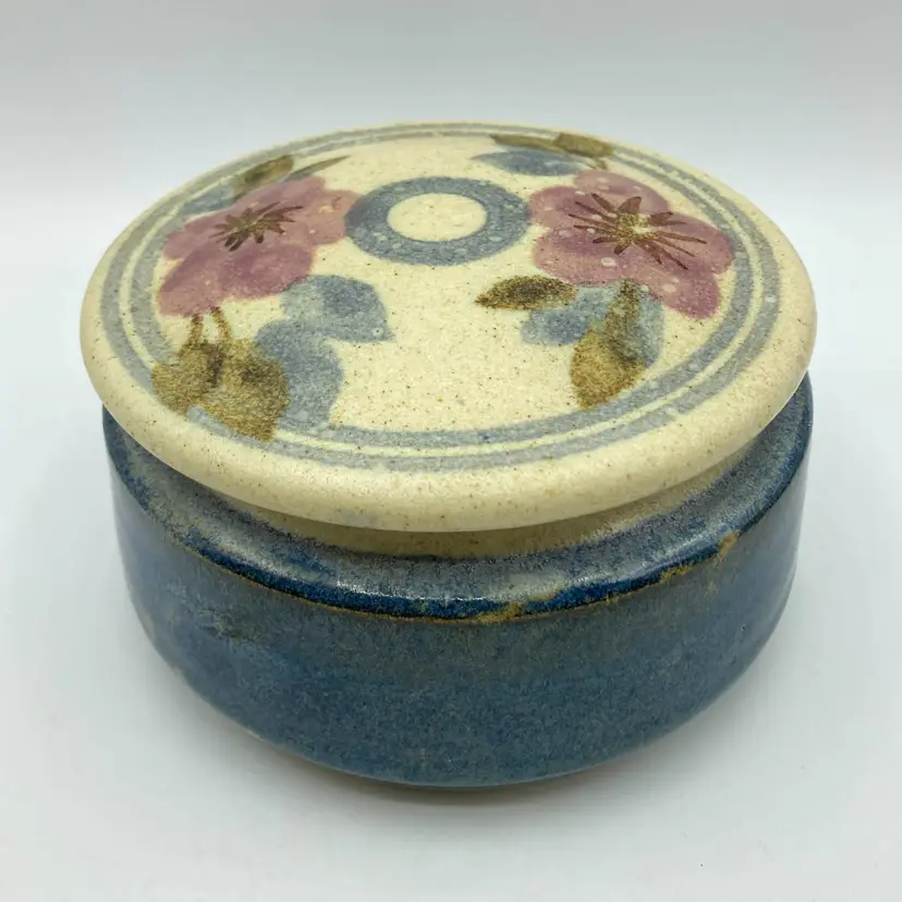 Art Pottery Floral Lidded Trinket Box Jar Small Canister Blue Glazed Speckled