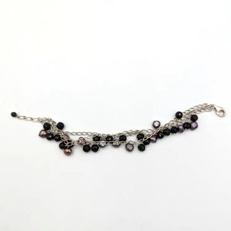 Sterling Silver Baroque Peacock Pearl And Onyx Bracelet 925 3 Strand Cha Cha