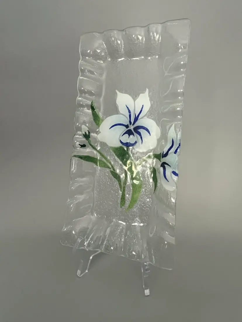 Signed Sydenstricker  Fused Glass Rectangular Serving Dish/Tray Blue And White Pansy 12”x 6"