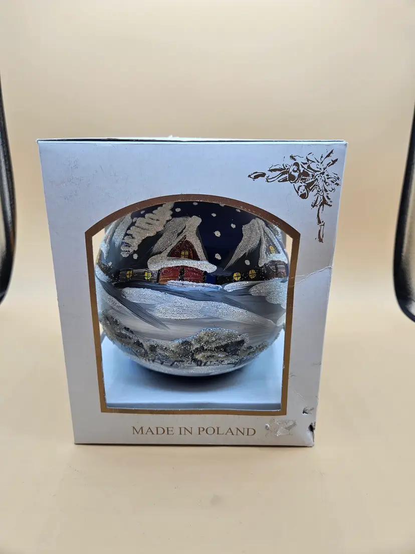 Lg Handpainted In Poland Christmas Ornament Winter Cabin Scene House Glass 5"