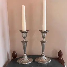 Vintage Silver Tone Pewter Art Deco Style Candlestick Pair