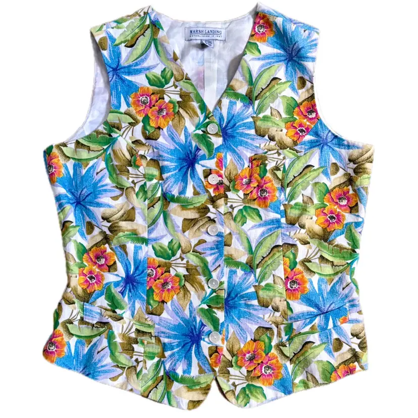 Vintage Floral Hawaiian Linen Blend Vest Sz Large Tropical Coastal Beach Bright