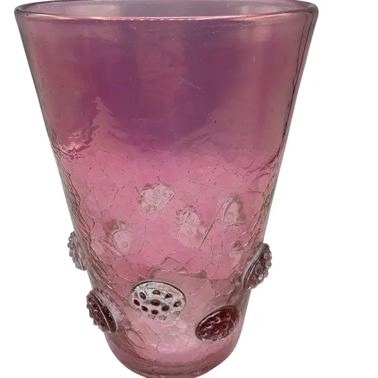 Vintage Blenko Pink Crackle Glass Vase Applied Medallions Art Glass MCM 7"