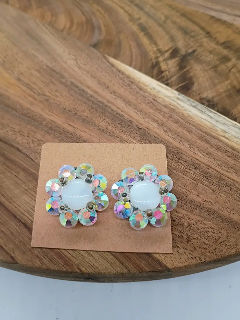 Vintage White Glass Cabochon with Aurora Borealis Bead Clip On Earrings