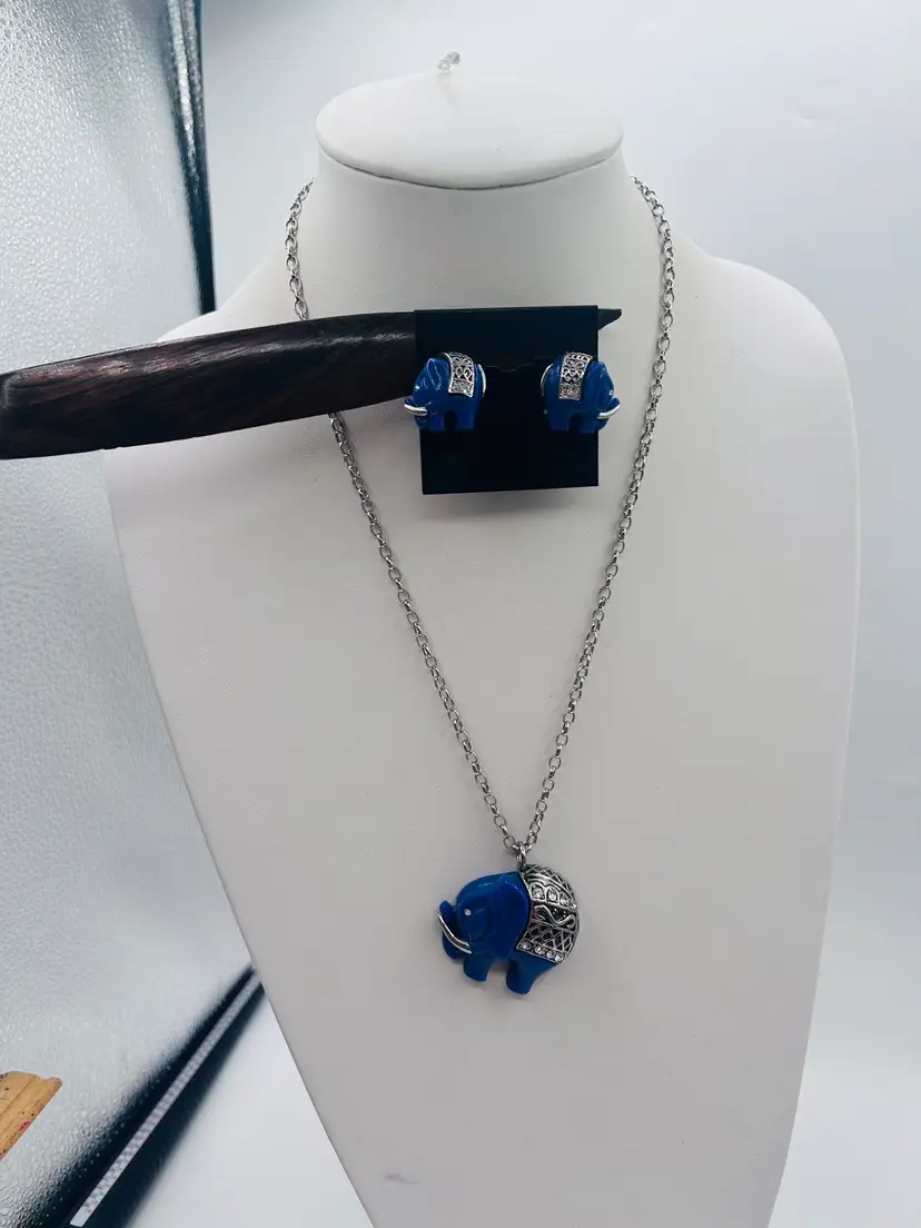 Vintage Sarah, Coventry Shepherd, Hook, Blue Elephant, Rhinestone Earrings, Necklace, And Pendant
