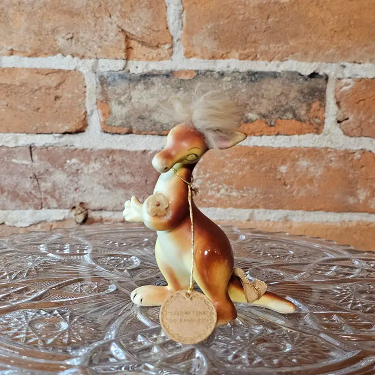 HTF Vintage Enesco Leaping Lena The Kangaroo Figurine Fuzzy Hair Mid Century Kitsch Orginal Tag