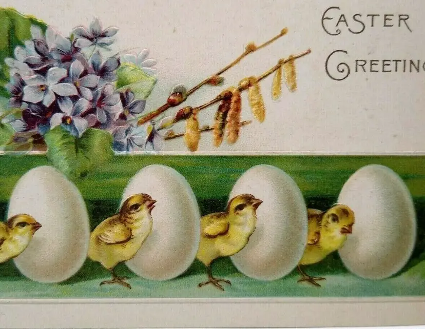 Easter Postcard Embossed Baby Chicks Eggs Vintage Saratoga Springs New York