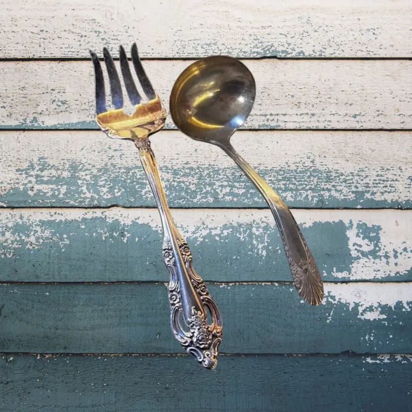Vintage mix, lot of silver tone, ornate fork & Ladle Primitive Farmhouse Cottage