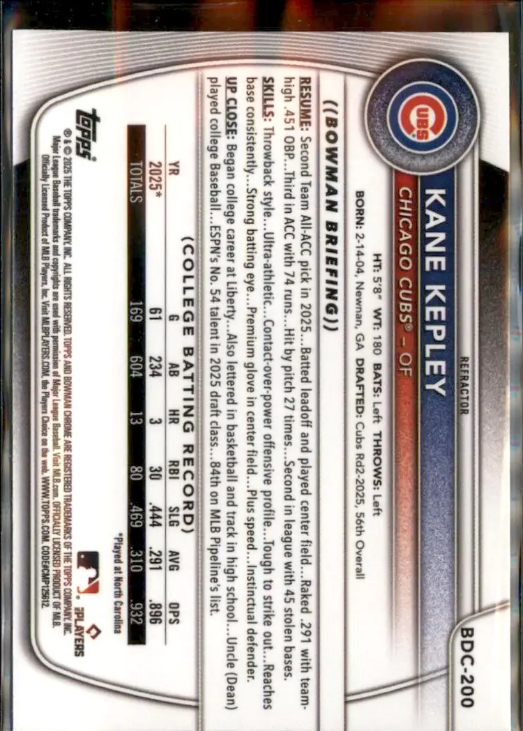 2025 Bowman Draft #BDC-200 Kane Kepley Chrome Refractor - (138) - Chicago Cubs