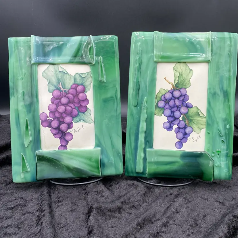 Pair - Handmade Green Slag Glass Picture Frames w/Grapes print Artist Kim Osgood