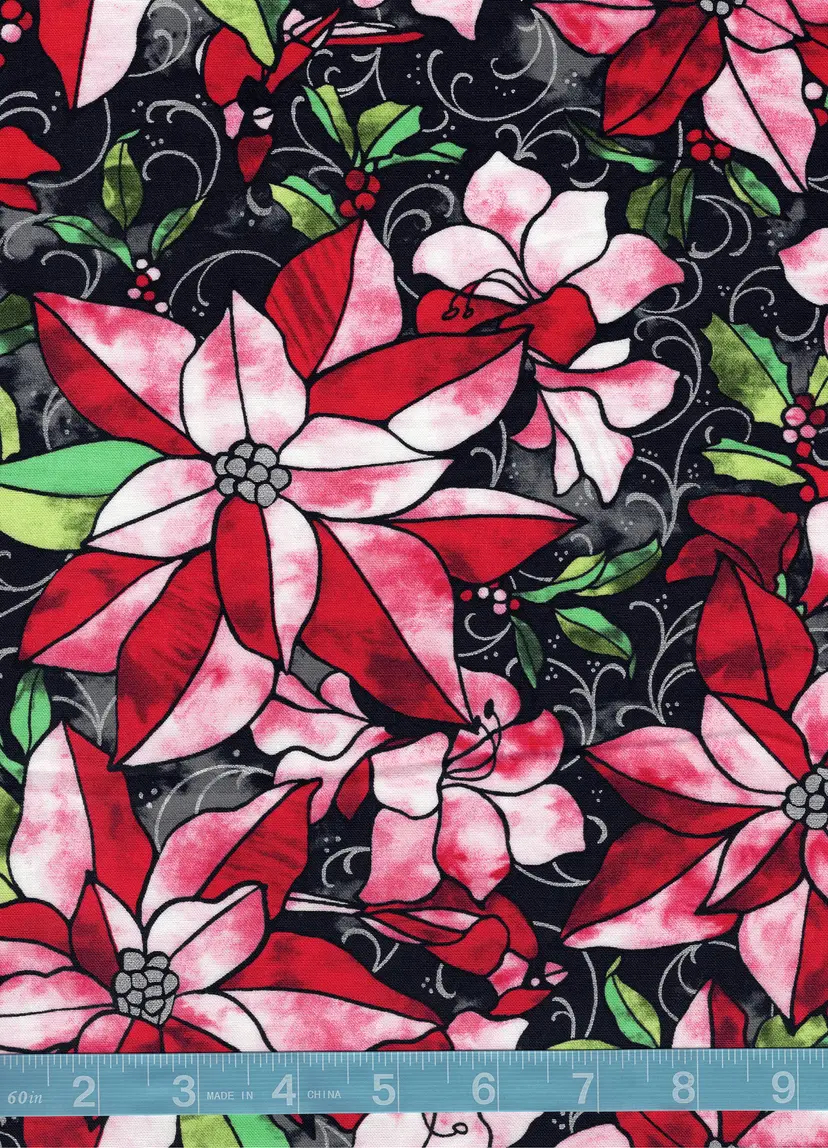 Stained Glass Large Poinsettia Christmas Cotton Quilt Fabric by the Yard – Elegant Holiday Floral Quilting Fabric on Black – Festive Sewing Fabric (100% Cotton)