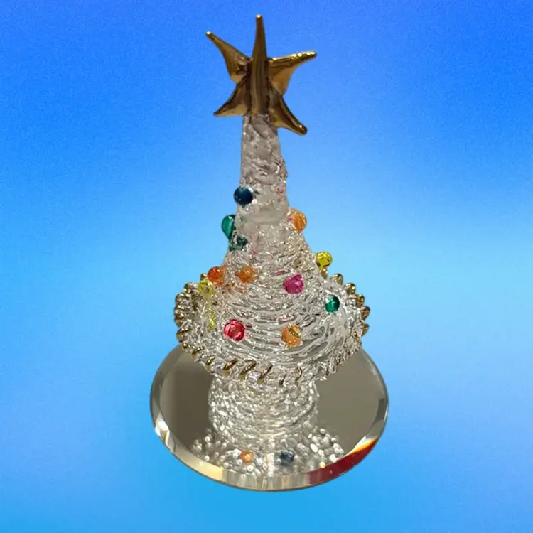 Vintage Spun Glass Tree Figurine 3.5” Christmas Tree w/ Colored Balls