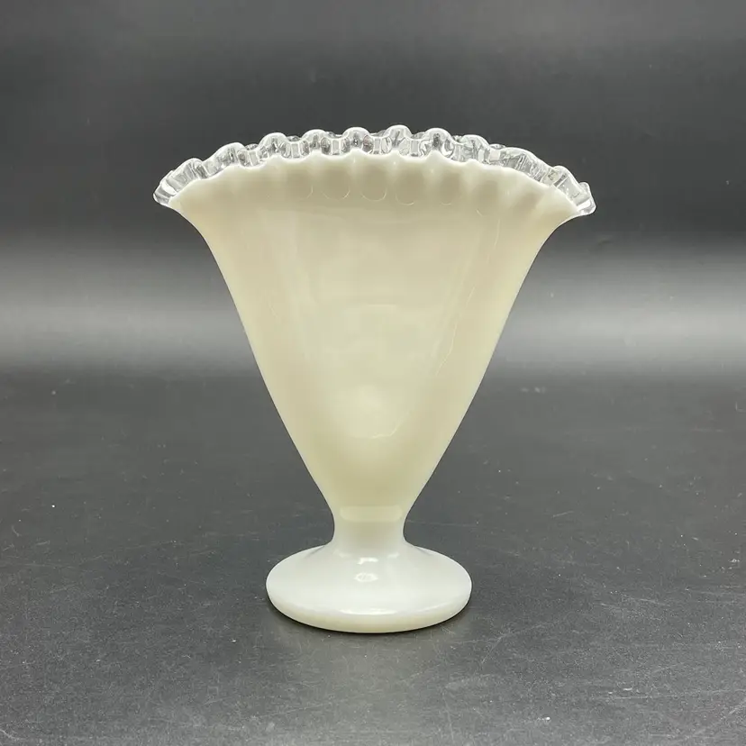 Fenton Silver Crest White Glass Fan Vase Crimped Ruffled Vintage