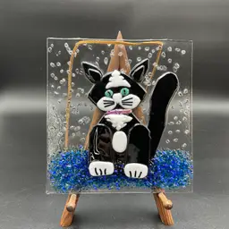 Fused Glass Cat Kitten Kitty Wall Hanging Black White Pink Bow Handmade