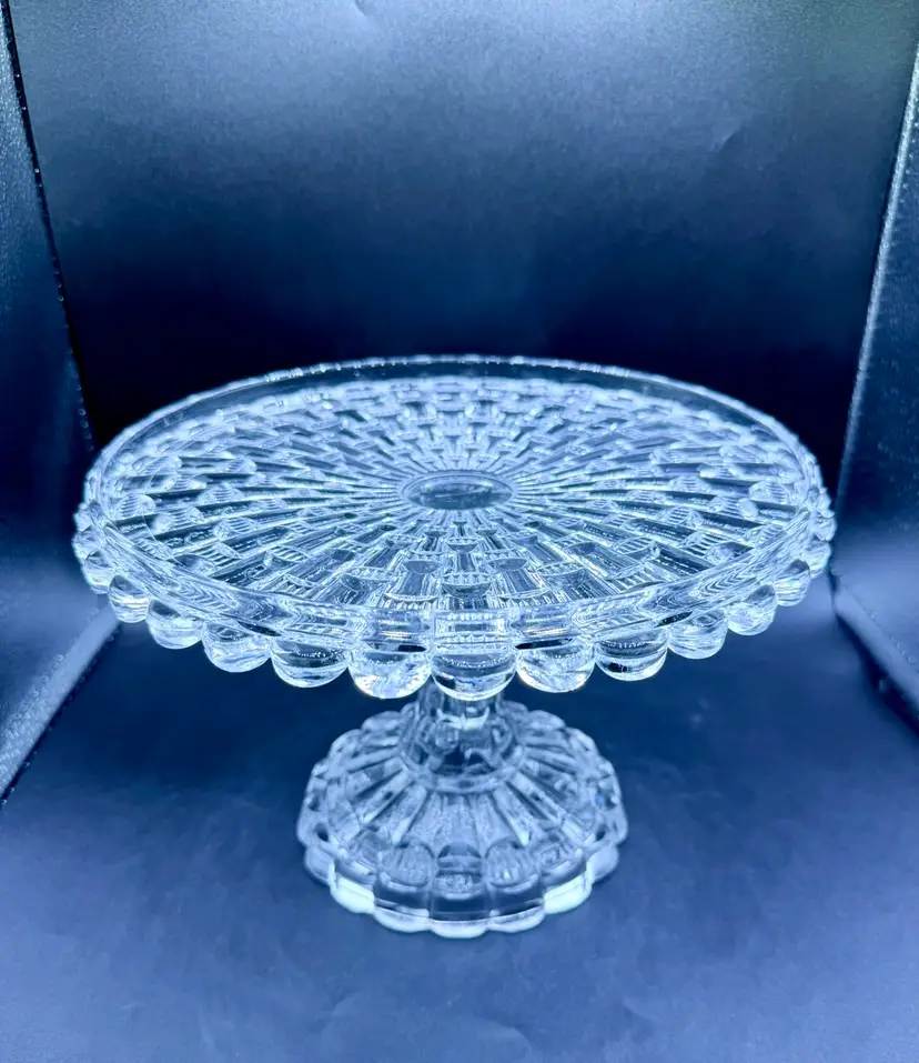Antique glass cake stand. Circa 1889 Bryce Higbee & Co. cake stand Cut Log Cats Eye Block EAPG