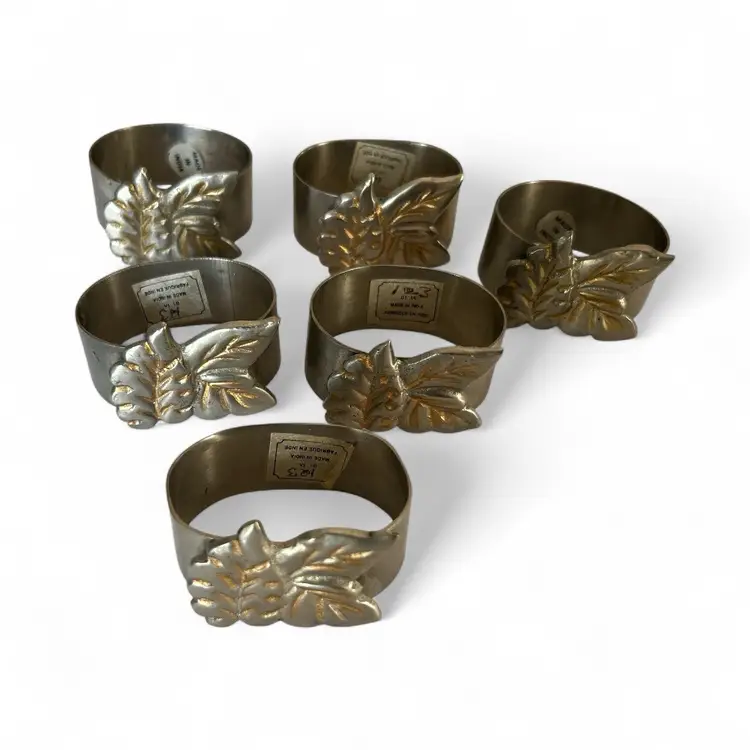 6 Napkin Ring Leaf Design Stainless Steel With Gold Accent Made In India