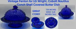 Vintage, Scarce Fenton for LG Wright, Cobalt Blue NAUTILUS CONCH SHELL Covered Butter Dish