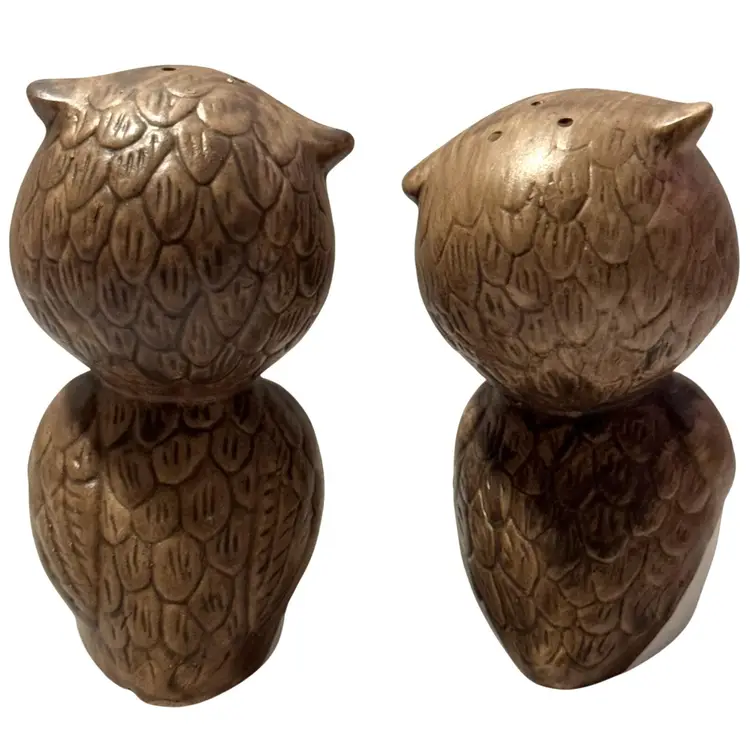Vintage Owls Salt Pepper Shakers Stoppers Brown Ceramic Kitschy Korea 2.75" MCM