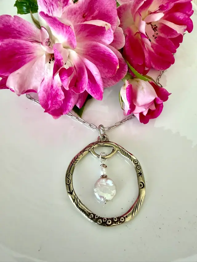 Artisanal Style Circle Pendant With Pearl Drop