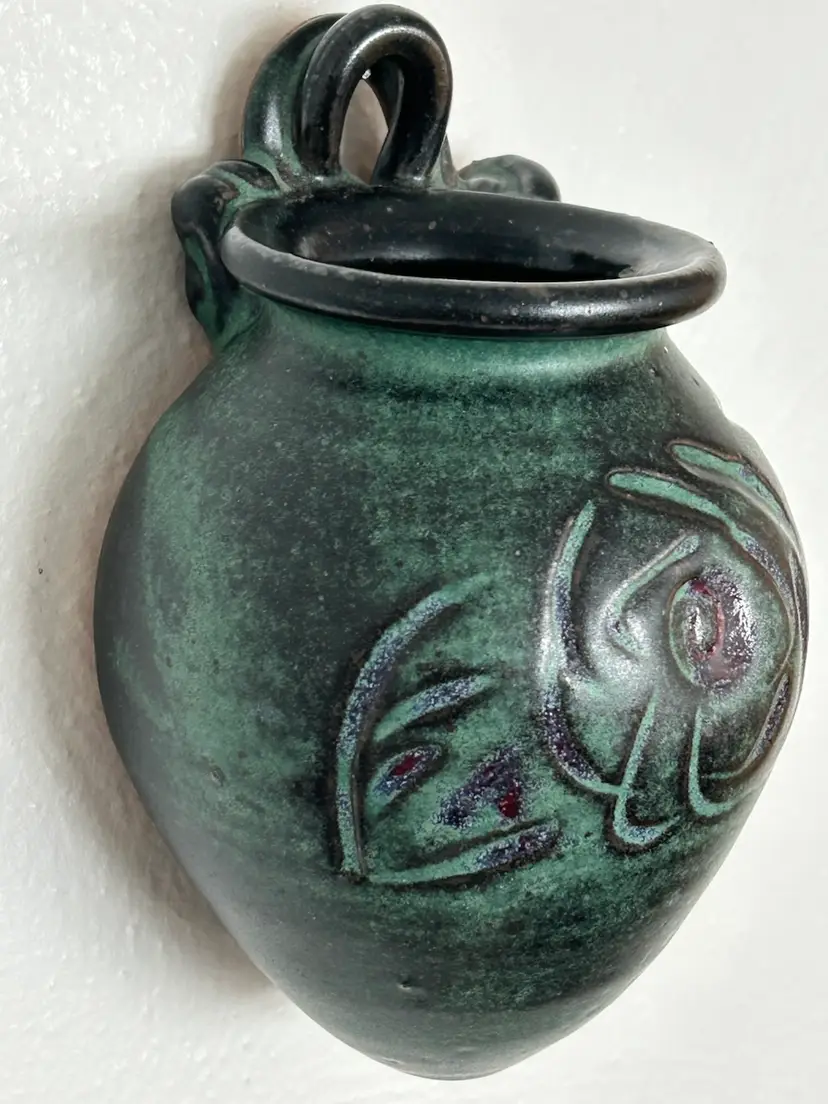 Wall Pocket Vessel Vase Planter Embossed Pottery Green & Black Glaze
