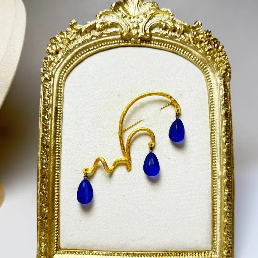 Rare Cecile Jeanne Paris Couture Design Statement Brooch Blue Lucite Matte Gold