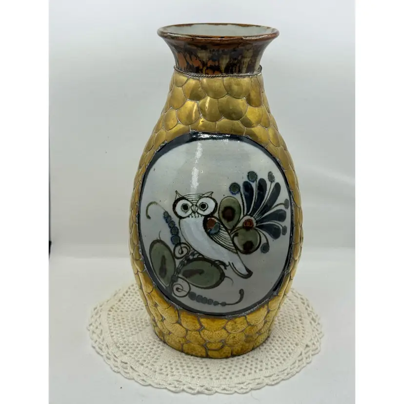 MCM Tonala pottery vase with a metallic gold scale pattern and owl motif. 11”