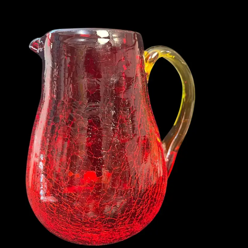 5 1/2"H Mid Century Amberina Ruby Red Crackle glass Pitcher w/ Applied Yellow or Amber Handle
