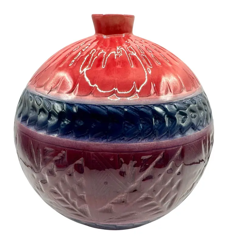 Signed Studio Art Pottery Vase Southwest Pattern Carved Round Pink Blue Purple