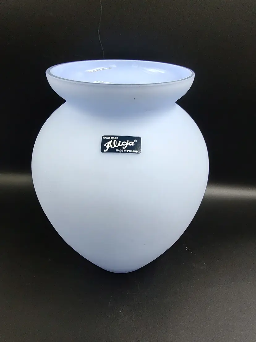 Vtg Handmade Alicja Frosted Blue Cased Glass Vase