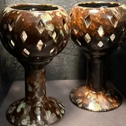 MCM Ceramic Pedestal Candle Holder Pair - Brown High Shine Glaze - 8” Luminaries - Brutalist Vibe