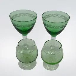 Glasses - Set Of 4 (2 + 2) Delicate Green Cordial w Etching ; 5”H; 3”H