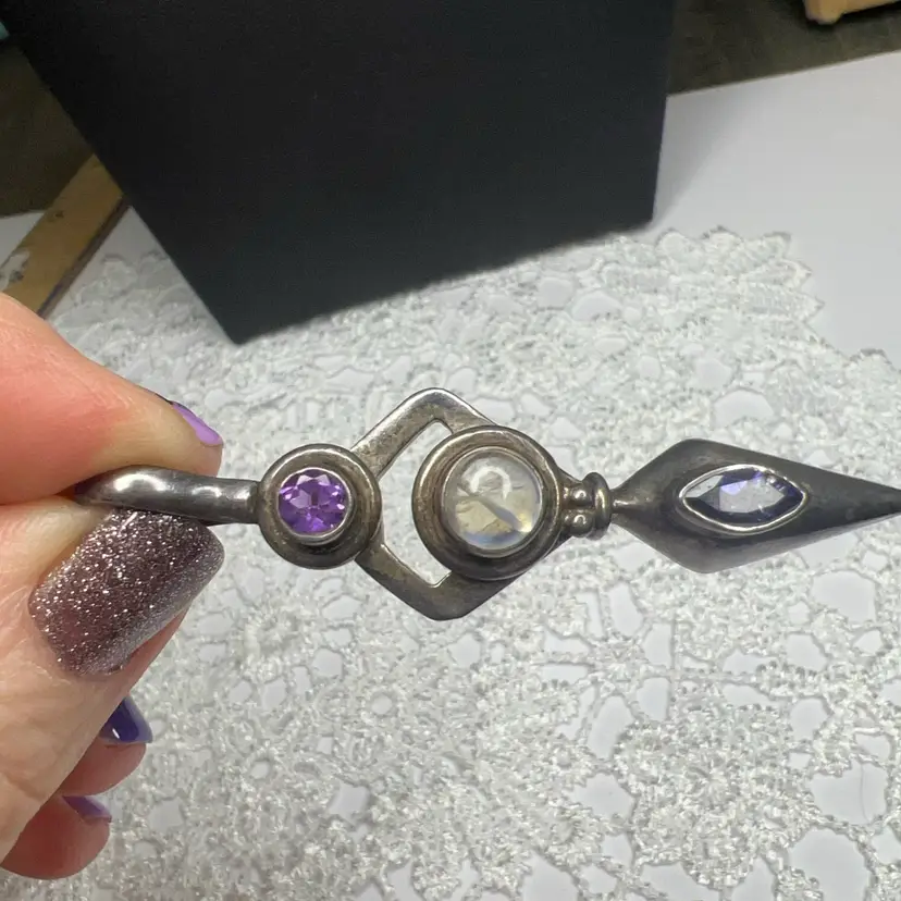 Sterling 2.5 “ Pendant Signed And Marked “SI925” Amethyst, Quartz(moonstone) & Tanzanite Stones! 12g