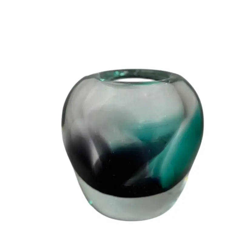 Hand Blown Art Glass Vase/Tea Light Holder Clear With Aqua & Purple Swirl Signed R H Johnson 1984
4-1/“ T x 4” W