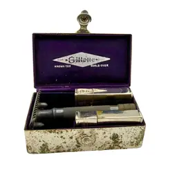 Antique King Gillette Safety Razor Kit Silver Metal Case Mens Travel Shaving